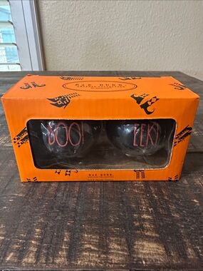 Rae Dunn Black Ceramic Halloween Mug Duo with Orange Lettering
